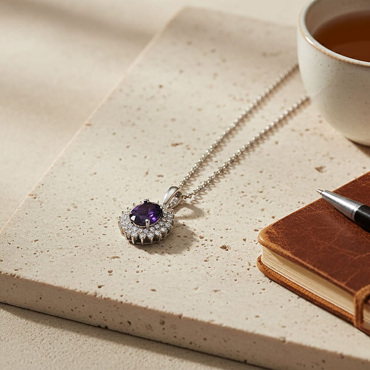 D'Joy African Amethyst and White Zircon 3.45 ctw Pendant Necklace in Platinum Over Sterling Silver 20 Inches image number 1