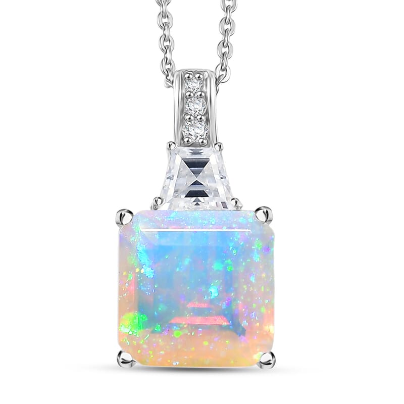  D'Joy AAA Ethiopian Welo Opal, Moissanite Art Deco Pendant Necklace in Rhodium Over Sterling Silver 3.00 ctw (20 Inches)