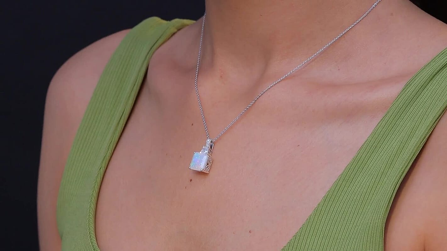 D'Joy AAA Ethiopian Welo Opal, Moissanite Art Deco Pendant Necklace in Rhodium Over Sterling Silver 3.00 ctw (20 Inches)