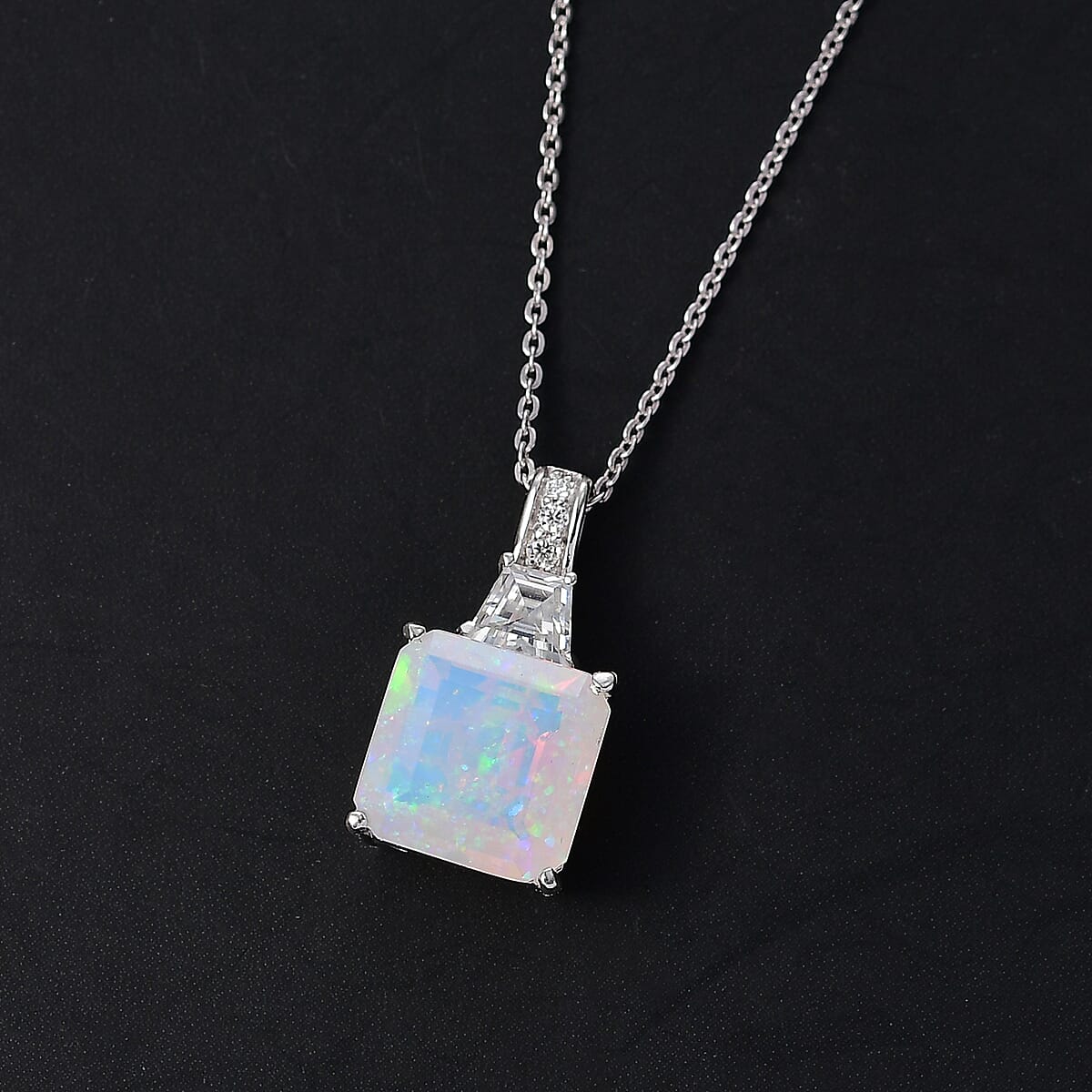 Doorbuster D'Joy AAA Ethiopian Welo Opal and Moissanite 3.20 ctw Art Deco Pendant Necklace in Rhodium Over Sterling Silver 20 Inches image number 1