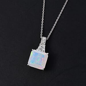  D'Joy AAA Ethiopian Welo Opal, Moissanite Art Deco Pendant Necklace in Rhodium Over Sterling Silver 3.00 ctw (20 Inches)