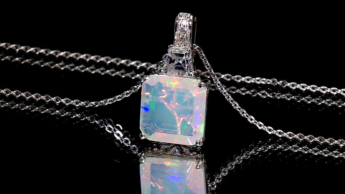 D'Joy AAA Ethiopian Welo Opal, Moissanite Art Deco Pendant Necklace in Rhodium Over Sterling Silver 3.00 ctw (20 Inches)