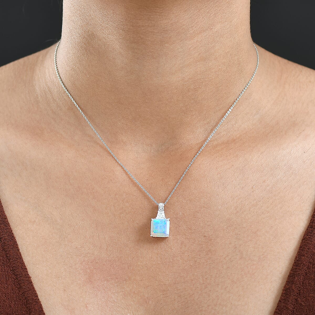 Doorbuster D'Joy AAA Ethiopian Welo Opal and Moissanite 3.20 ctw Art Deco Pendant Necklace in Rhodium Over Sterling Silver 20 Inches image number 2