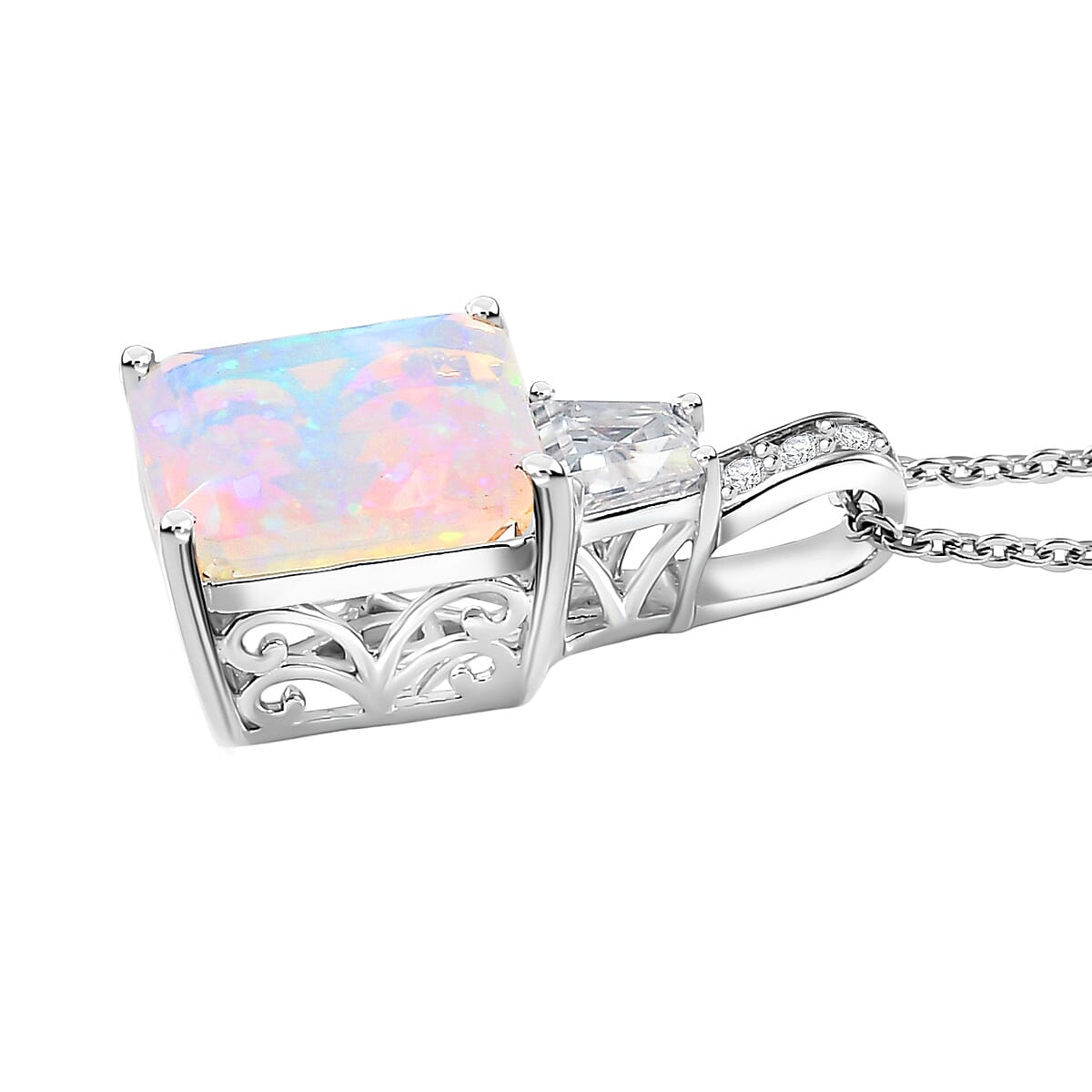 Doorbuster D'Joy AAA Ethiopian Welo Opal and Moissanite 3.20 ctw Art Deco Pendant Necklace in Rhodium Over Sterling Silver 20 Inches image number 3