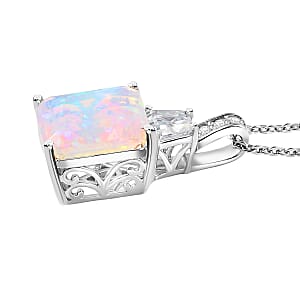  D'Joy AAA Ethiopian Welo Opal, Moissanite Art Deco Pendant Necklace in Rhodium Over Sterling Silver 3.00 ctw (20 Inches)