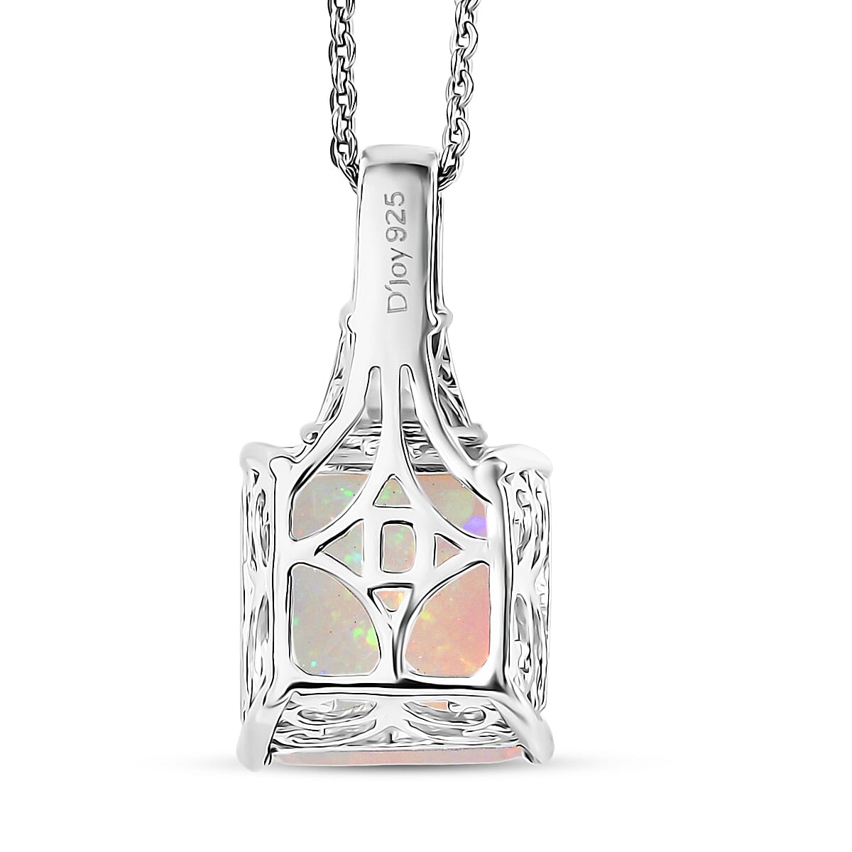 Doorbuster D'Joy AAA Ethiopian Welo Opal and Moissanite 3.20 ctw Art Deco Pendant Necklace in Rhodium Over Sterling Silver 20 Inches image number 4