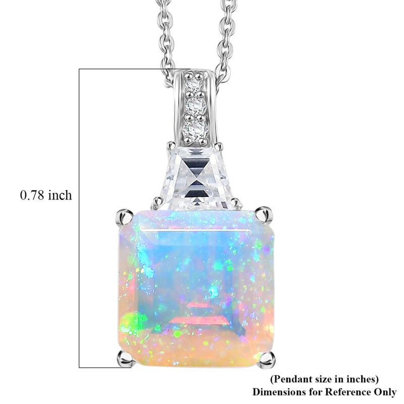  D'Joy AAA Ethiopian Welo Opal, Moissanite Art Deco Pendant Necklace in Rhodium Over Sterling Silver 3.00 ctw (20 Inches)