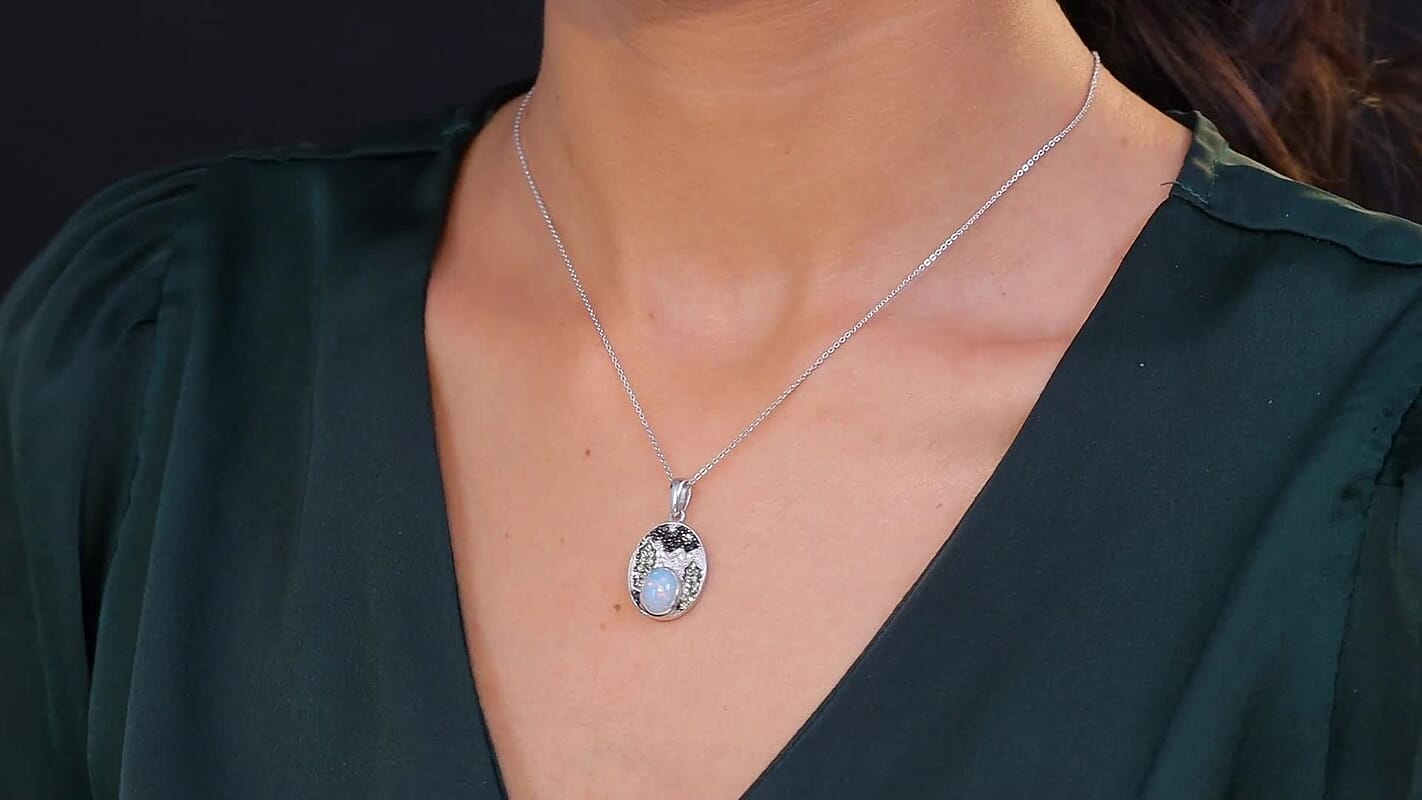 D'Joy Premium Ethiopian Welo Opal and Multi Gemstone 1.75 ctw Frostfire Valley Pendant Necklace in Rhodium Over Sterling Silver 20 Inches