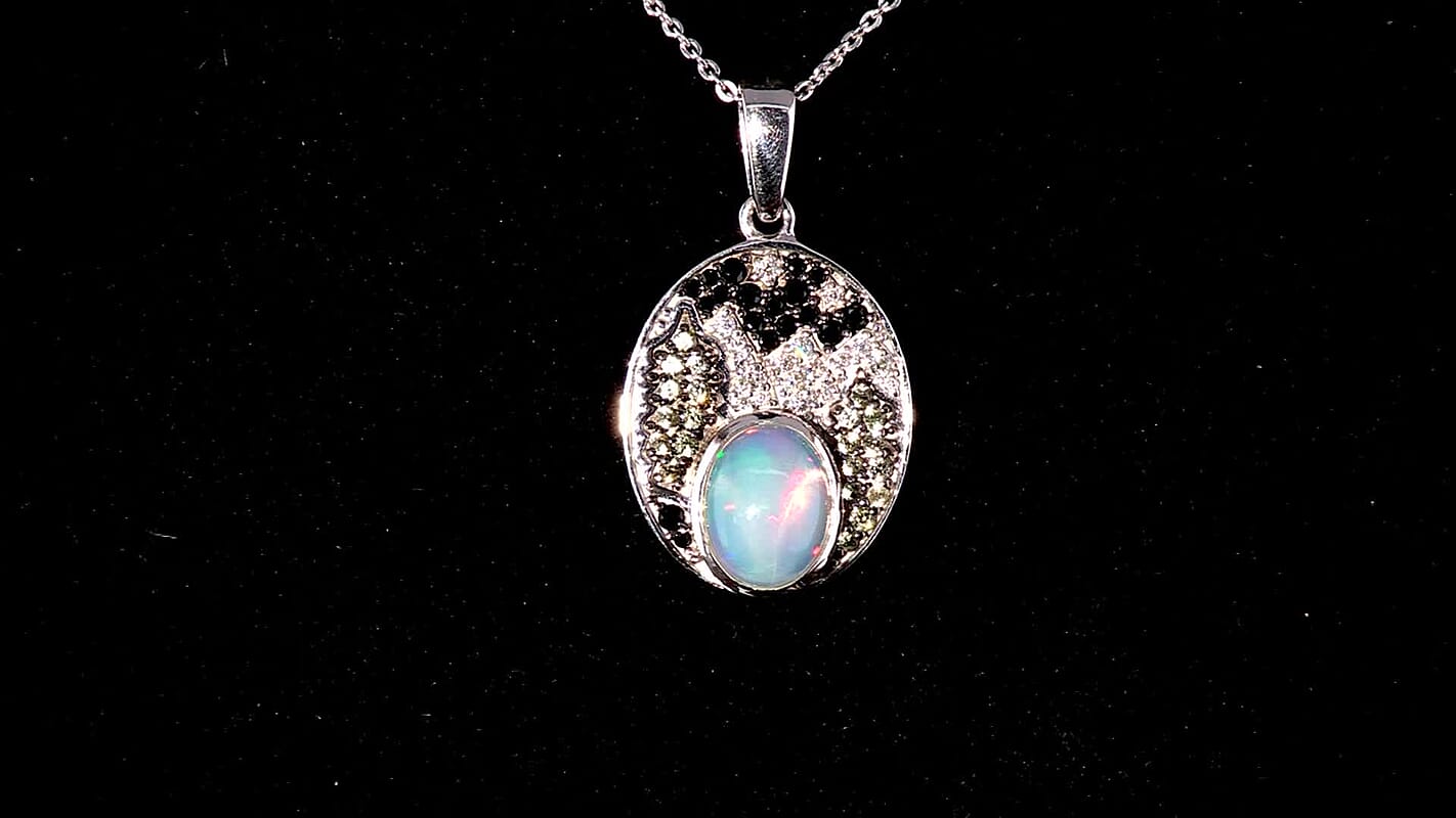 D'Joy Premium Ethiopian Welo Opal and Multi Gemstone 1.75 ctw Frostfire Valley Pendant Necklace in Rhodium Over Sterling Silver 20 Inches