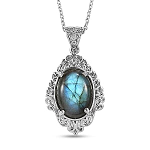 EverTrue Malagasy Labradorite 9.80 ctw Pendant Necklace in Stainless Steel 20 Inches 