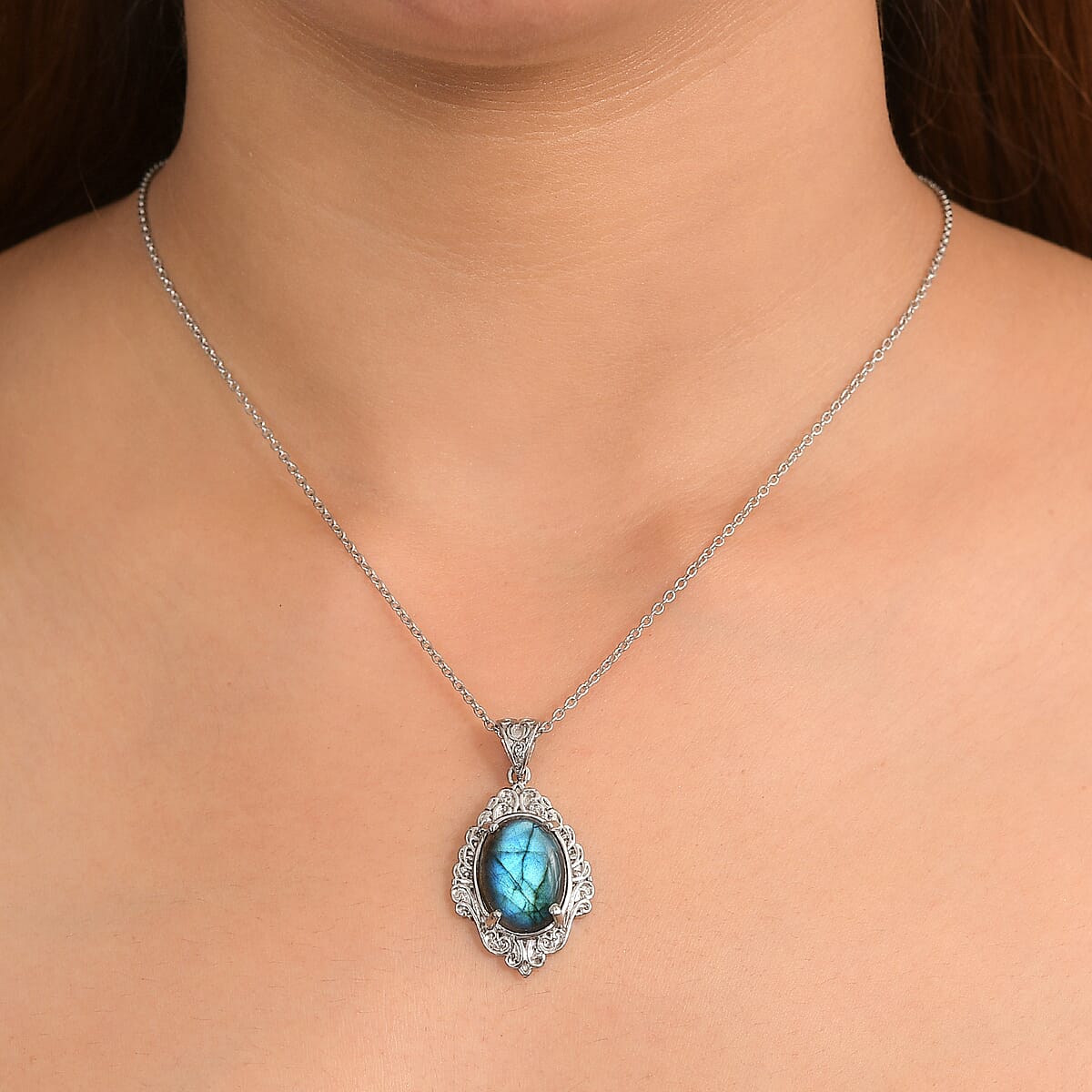 EverTrue Malagasy Labradorite 9.80 ctw Pendant Necklace in Stainless Steel 20 Inches  image number 2