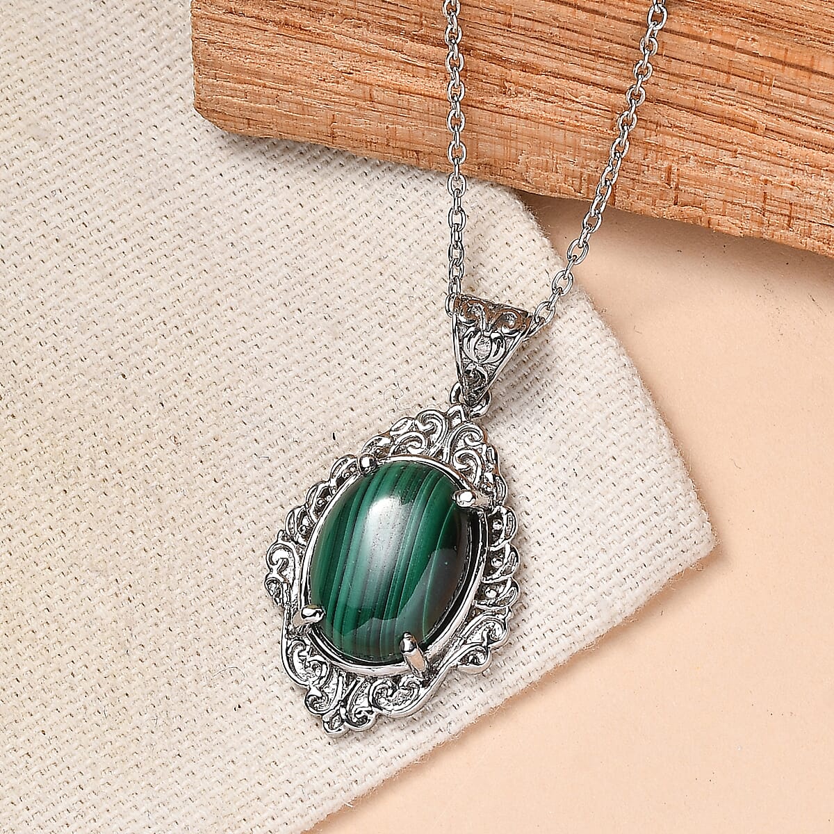 EverTrue African Malachite 12.30 ctw Pendant Necklace in Stainless Steel 20 Inches  image number 1