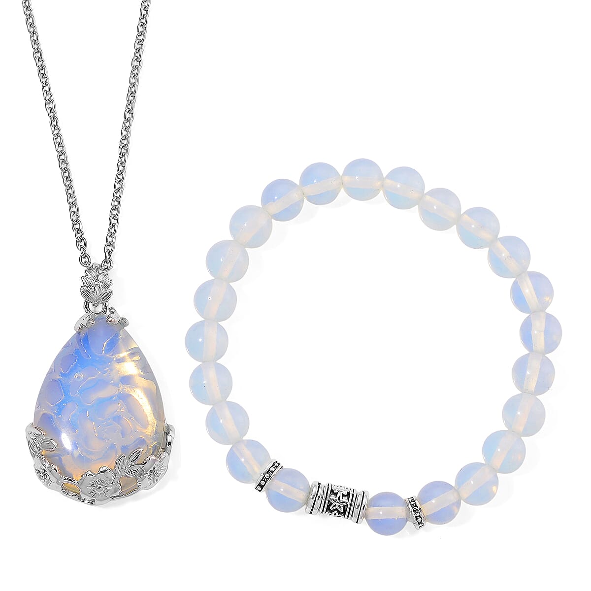 Opalite 100.00 ctw Beaded Stretch Bracelet and Pendant in Silvertone with Stainless Steel Necklace 20 Inches image number 0