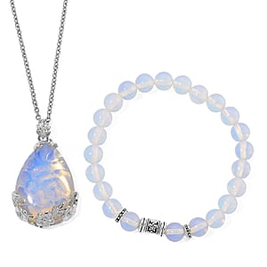 Opalite 100.00 ctw Beaded Stretch Bracelet and Pendant in Silvertone with Stainless Steel Necklace 20 Inches