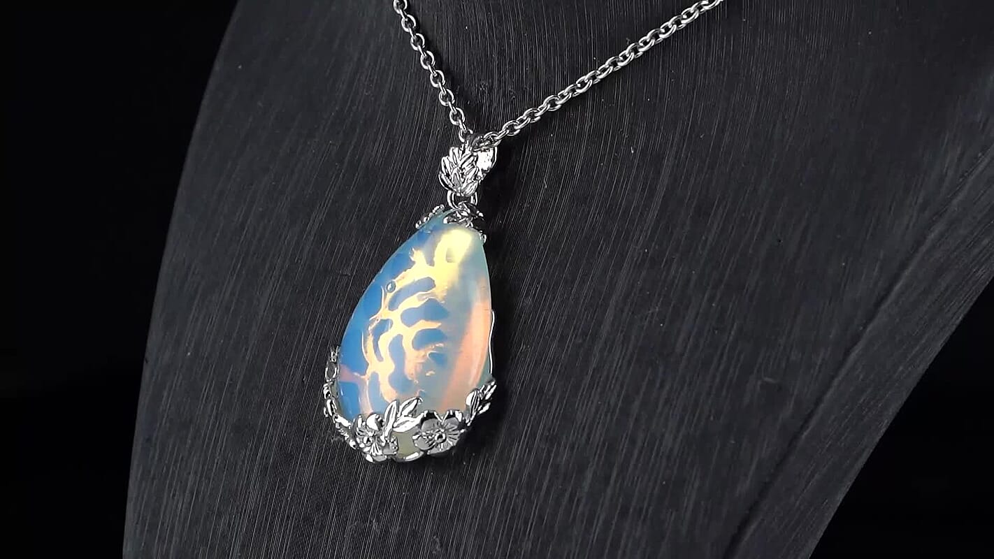 Opalite 100.00 ctw Beaded Stretch Bracelet and Pendant in Silvertone with Stainless Steel Necklace 20 Inches