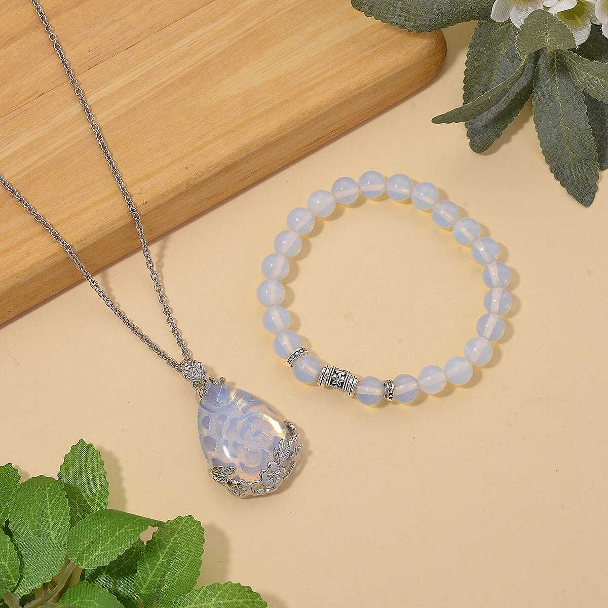 Opalite 100.00 ctw Beaded Stretch Bracelet and Pendant in Silvertone with Stainless Steel Necklace 20 Inches image number 1