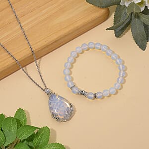 Opalite 100.00 ctw Beaded Stretch Bracelet and Pendant in Silvertone with Stainless Steel Necklace 20 Inches