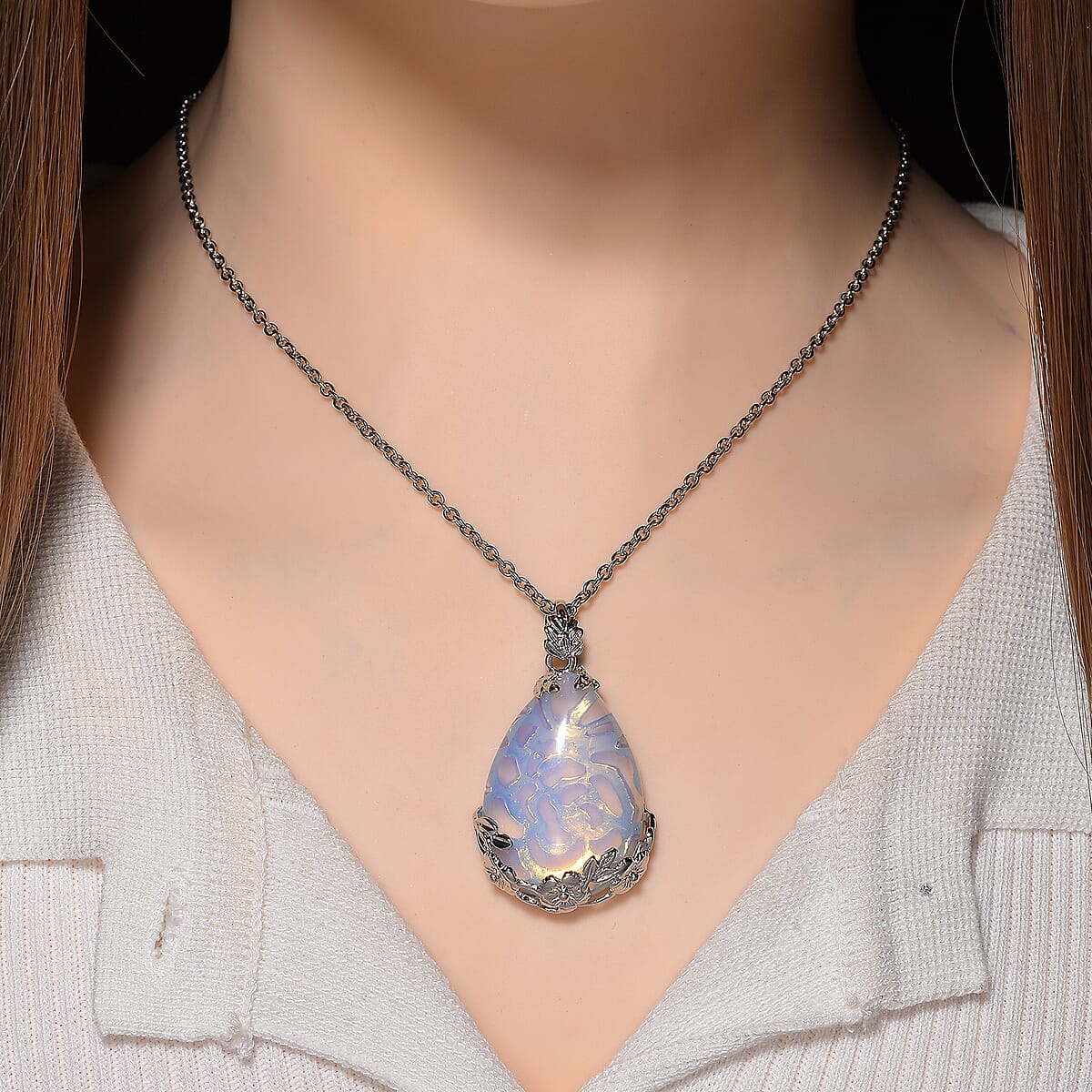 Opalite 100.00 ctw Beaded Stretch Bracelet and Pendant in Silvertone with Stainless Steel Necklace 20 Inches image number 2