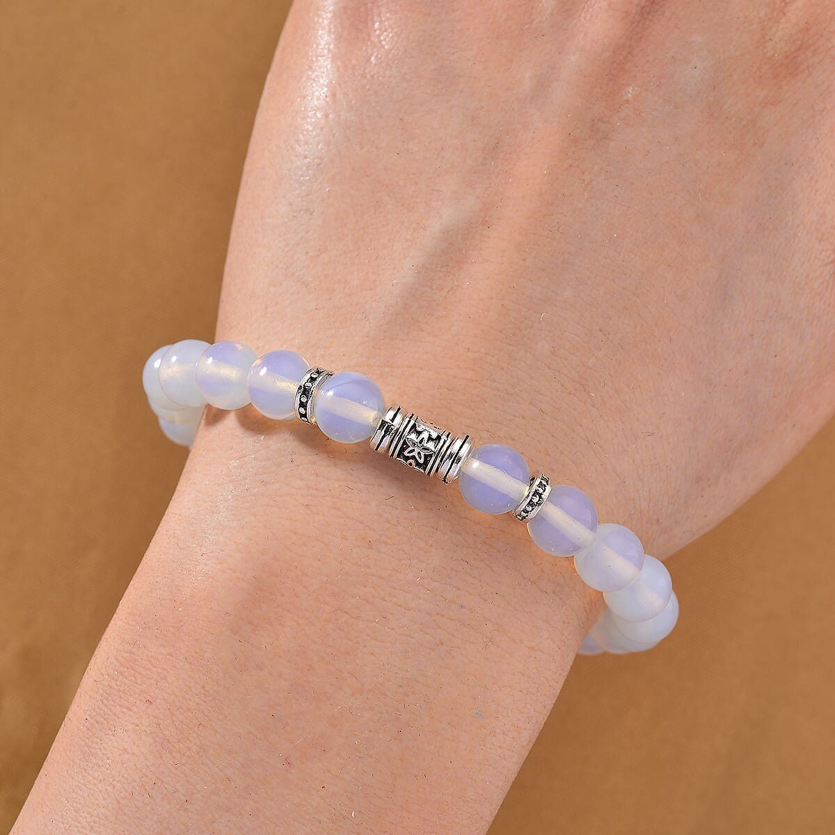 Opalite 100.00 ctw Beaded Stretch Bracelet and Pendant in Silvertone with Stainless Steel Necklace 20 Inches image number 3