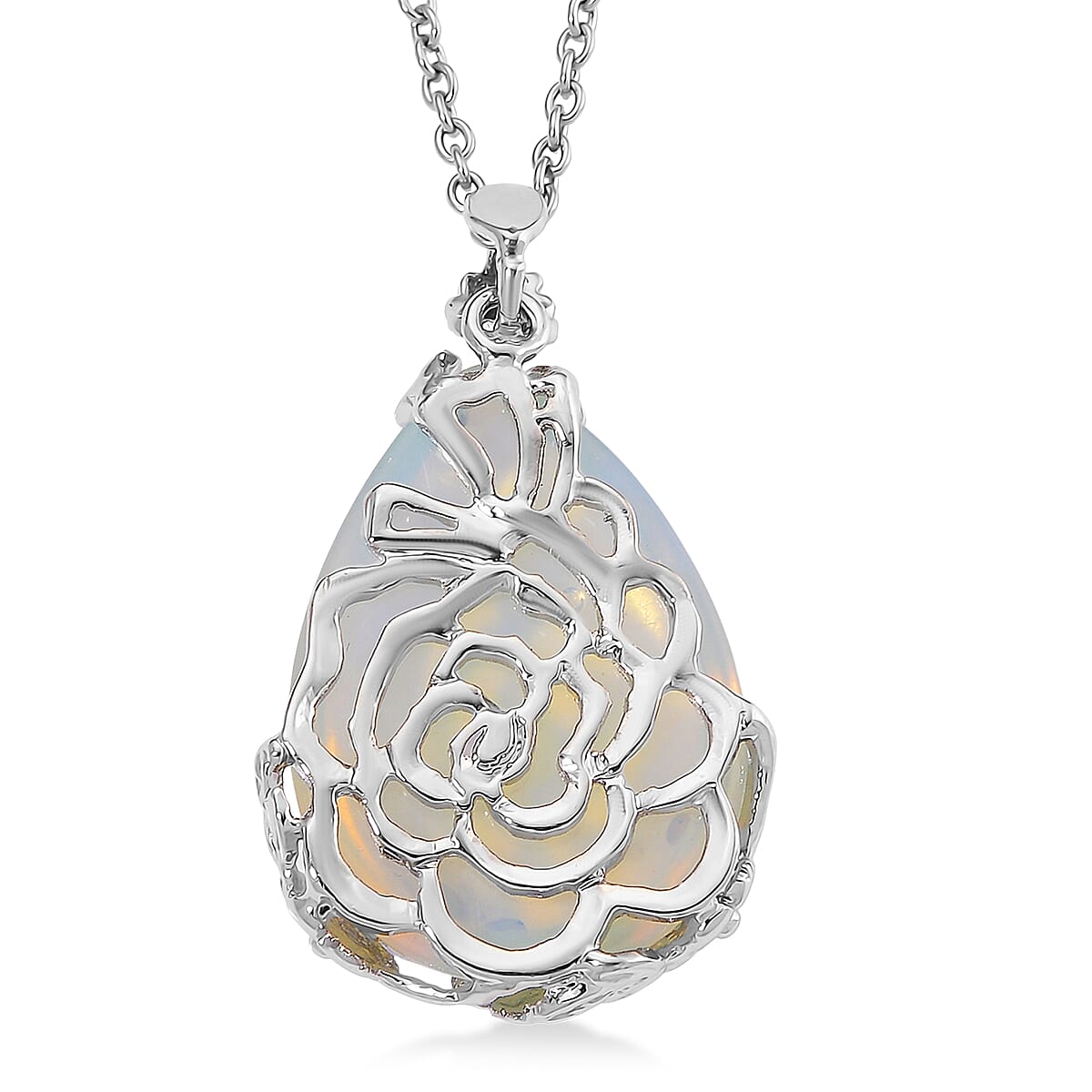 Opalite 100.00 ctw Beaded Stretch Bracelet and Pendant in Silvertone with Stainless Steel Necklace 20 Inches
