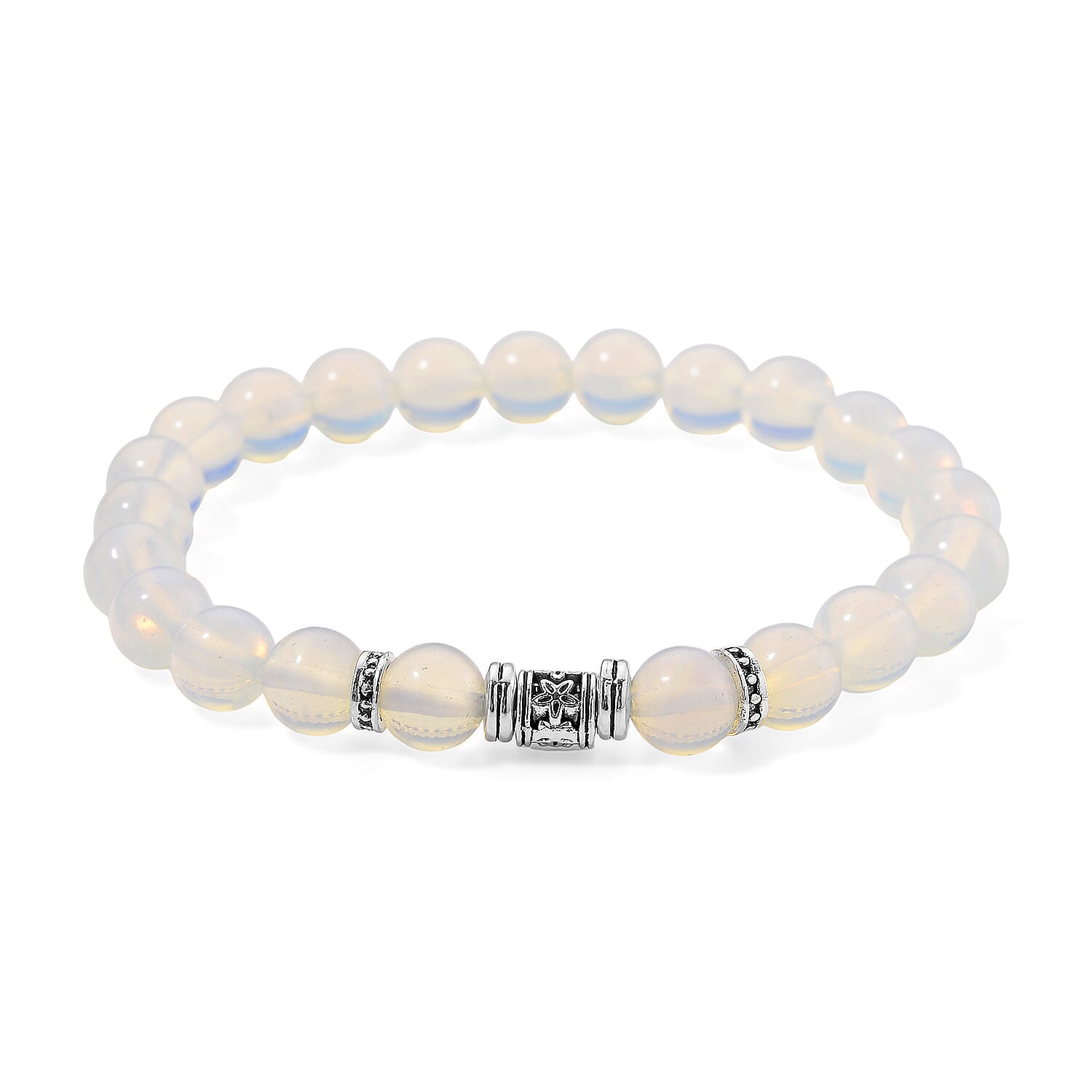 Opalite 100.00 ctw Beaded Stretch Bracelet and Pendant in Silvertone with Stainless Steel Necklace 20 Inches