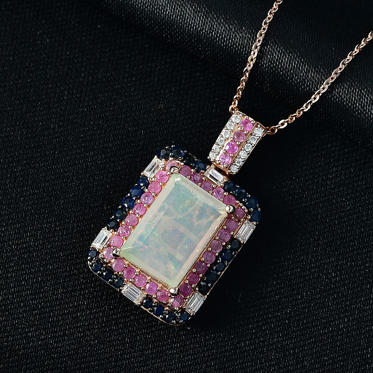 D'Joy Premium Ethiopian Welo Opal, Multi Gemstone Mosaic Art Pendant Necklace (20 Inches) in 18K Vermeil RG Over Sterling Silver 3.75 ctw image number 1