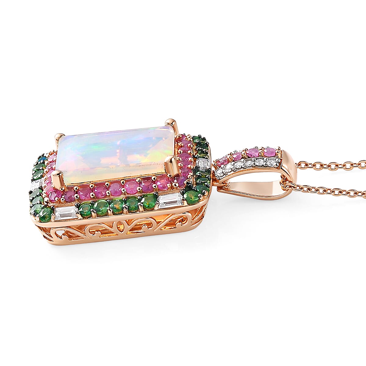 D'Joy Premium Ethiopian Welo Opal and Multi Gemstone 4.00 ctw Aurora Opal Pendant Necklace in 18K Vermeil Rose Gold Over Sterling Silver 20 Inches (Del. in 5-7 Days) image number 3