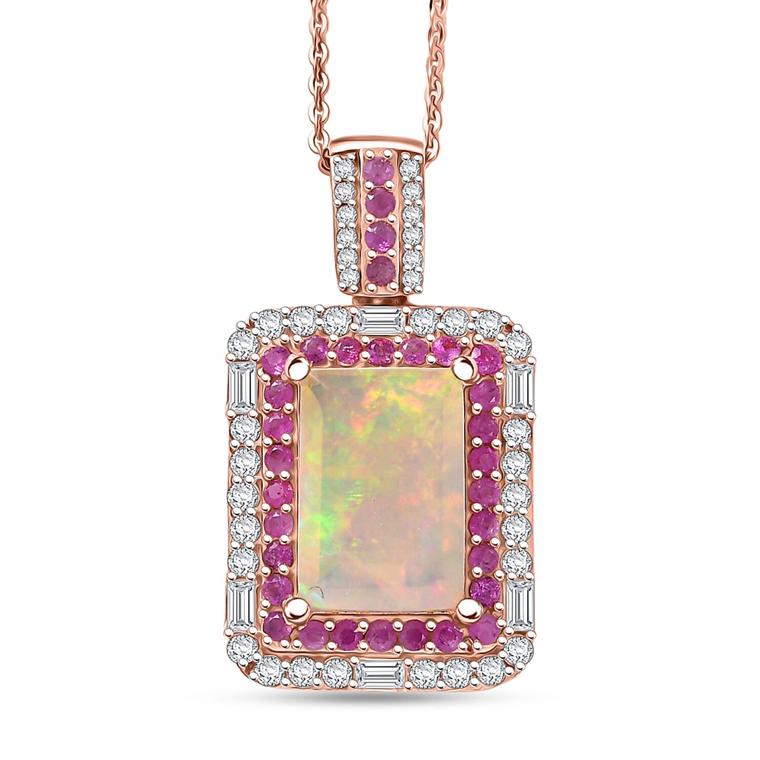 D'Joy Premium Ethiopian Welo Opal and Multi Gemstone 3.75 ctw Aurora Opal Pendant Necklace in 18K Vermeil Rose Gold Over Sterlin