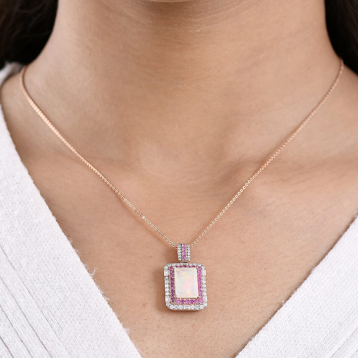 D'Joy Premium Ethiopian Welo Opal and Multi Gemstone 3.75 ctw Aurora Opal Pendant Necklace in 18K Vermeil Rose Gold Over Sterling Silver 20 Inches (Del. in 5-7 Days) image number 2