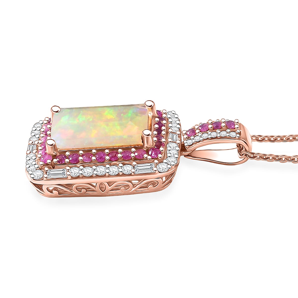 D'Joy Premium Ethiopian Welo Opal and Multi Gemstone 3.75 ctw Aurora Opal Pendant Necklace in 18K Vermeil Rose Gold Over Sterling Silver 20 Inches (Del. in 5-7 Days) image number 3