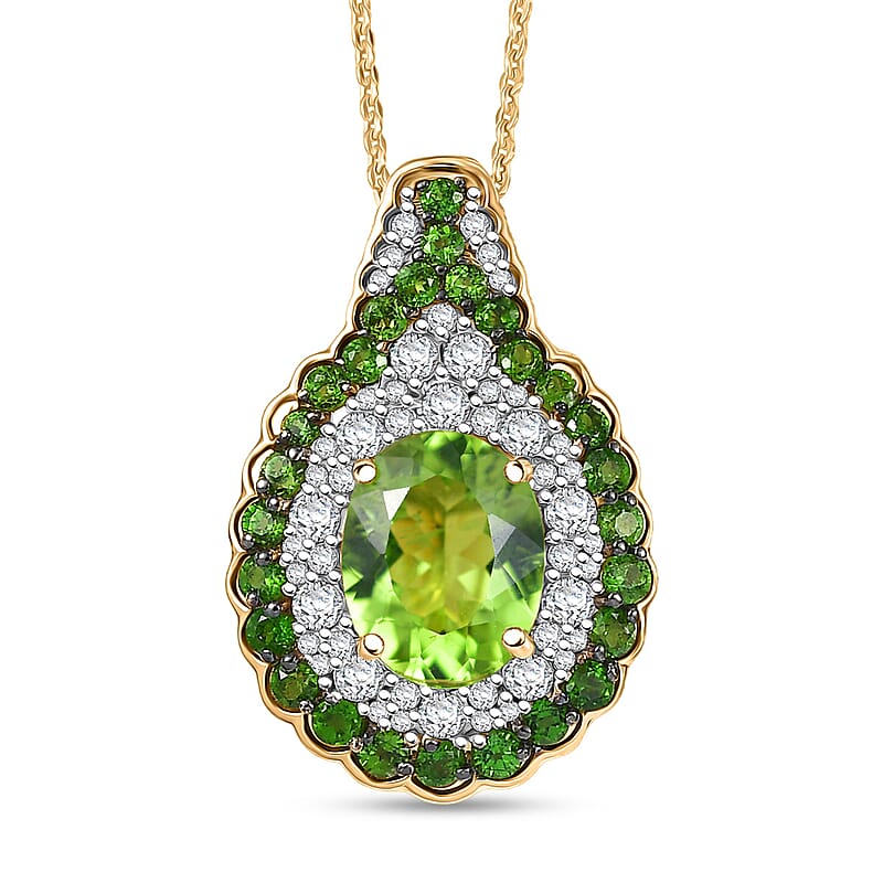 D'Joy Hebei Peridot and Multi Gemstone 4.20 ctw Classic Ornate Oval Pendant Necklace in 18K Vermeil Yellow Gold Over Sterling Silver 20 Inches