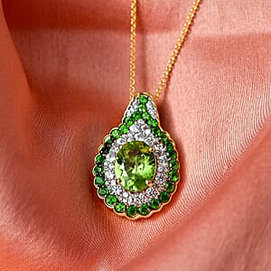 D'Joy Hebei Peridot and Multi Gemstone 4.20 ctw Classic Ornate Oval Pendant Necklace in 18K Vermeil Yellow Gold Over Sterling Silver 20 Inches