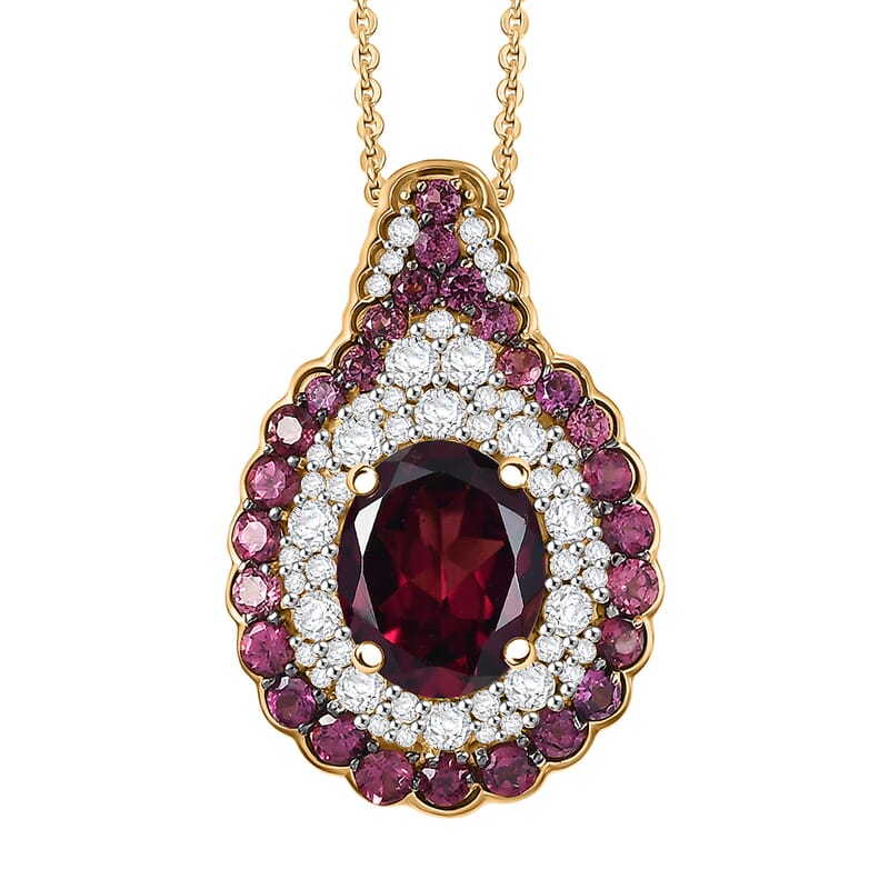 D'Joy Orissa Rhodolite Garnet and White Zircon 4.70 ctw Classic Ornate Oval Pendant Necklace in 18K Vermeil Yellow Gold Over Sterling Silver 20 Inches