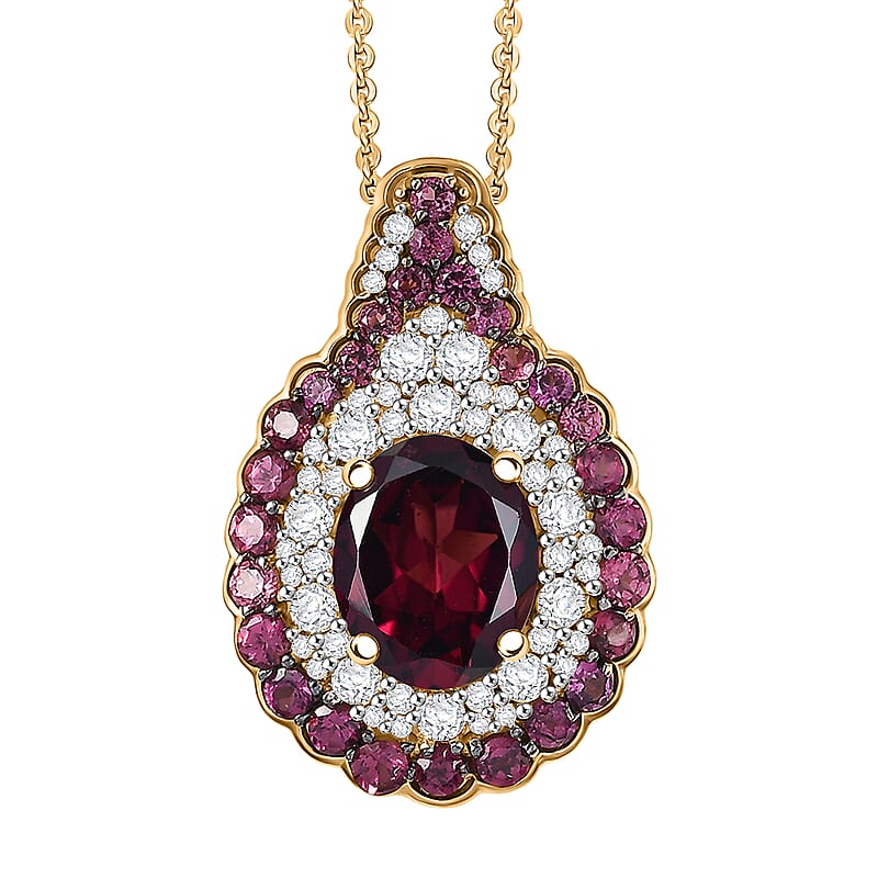 D'Joy Orissa Rhodolite Garnet and White Zircon 4.70 ctw Classic Ornate Oval Pendant Necklace in 18K Vermeil Yellow Gold Over Sterling Silver 20 Inches