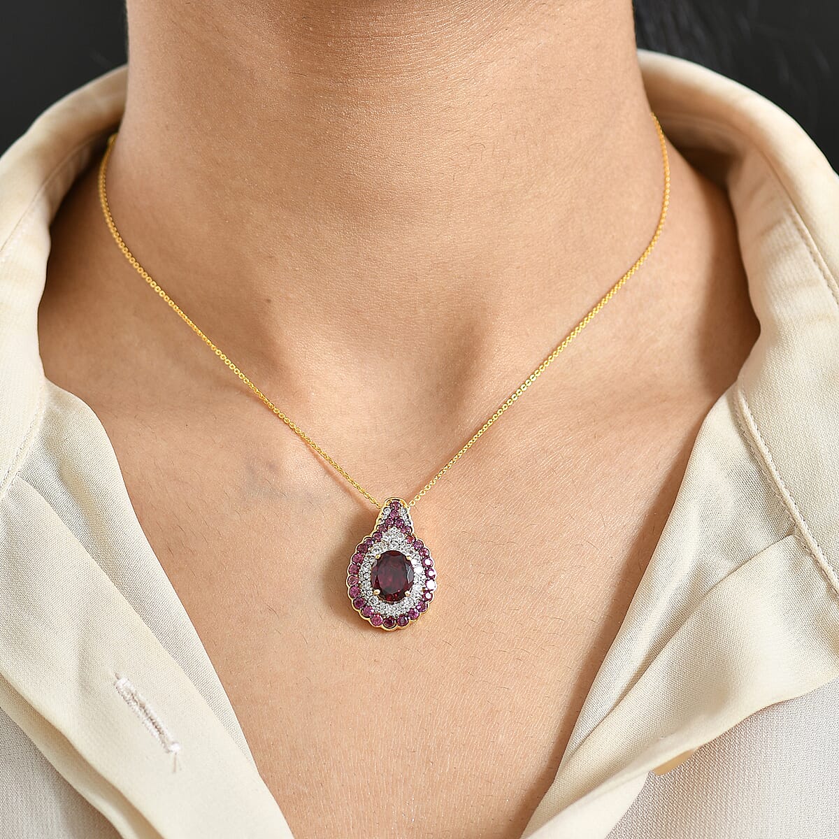 D'Joy Orissa Rhodolite Garnet and White Zircon 4.70 ctw Pendant Necklace in 18K Vermeil Yellow Gold Over Sterling Silver 20 Inches image number 2