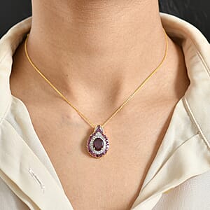 D'Joy Orissa Rhodolite Garnet and White Zircon 4.70 ctw Classic Ornate Oval Pendant Necklace in 18K Vermeil Yellow Gold Over Sterling Silver 20 Inches