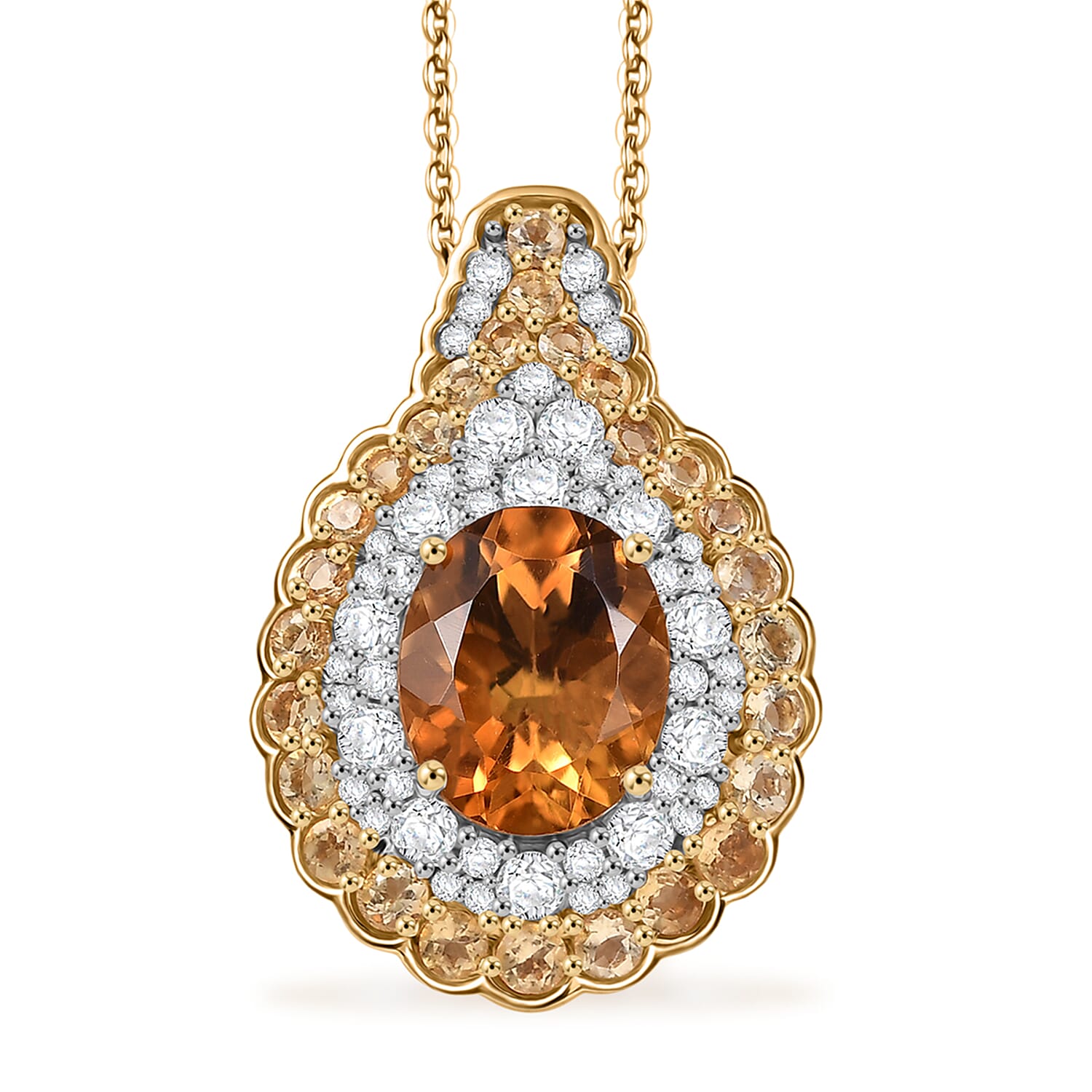 D'Joy Santa Ana Madeira Citrine and White Zircon 3.90 ctw Classic Ornate Oval Pendant Necklace in 18K Vermeil Yellow Gold Over S