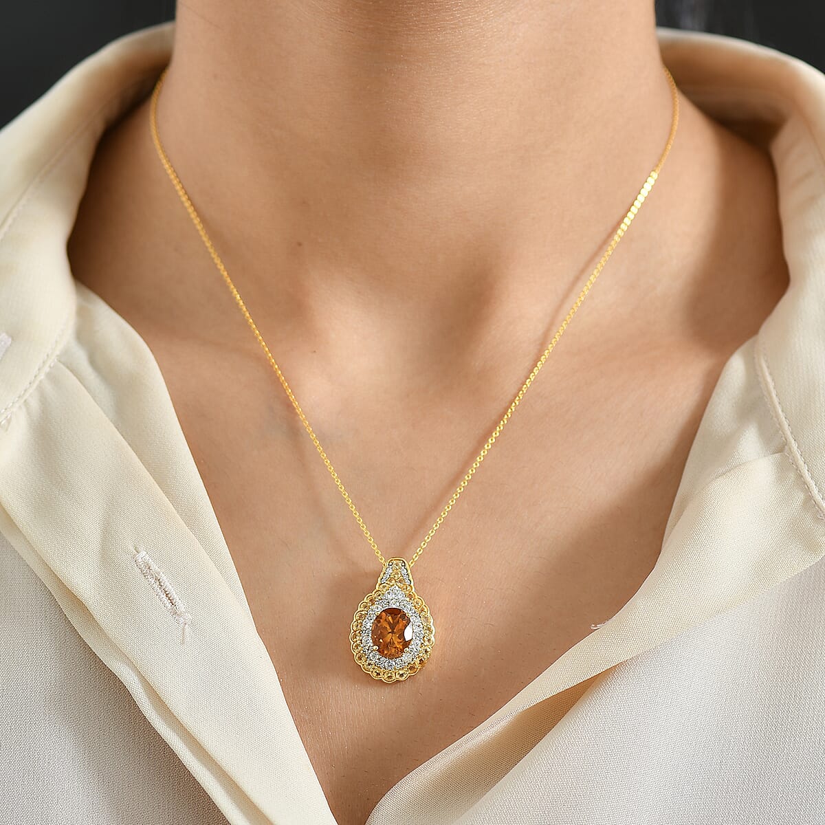 D'Joy Santa Ana Madeira Citrine and White Zircon 3.90 ctw Classic Ornate Oval Pendant Necklace in 18K Vermeil Yellow Gold Over Sterling Silver 20 Inches image number 2