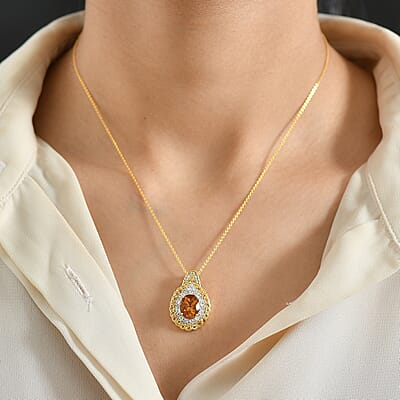 D'Joy Santa Ana Madeira Citrine and White Zircon 3.90 ctw Classic Ornate Oval Pendant Necklace in 18K Vermeil Yellow Gold Over Sterling Silver 20 Inches