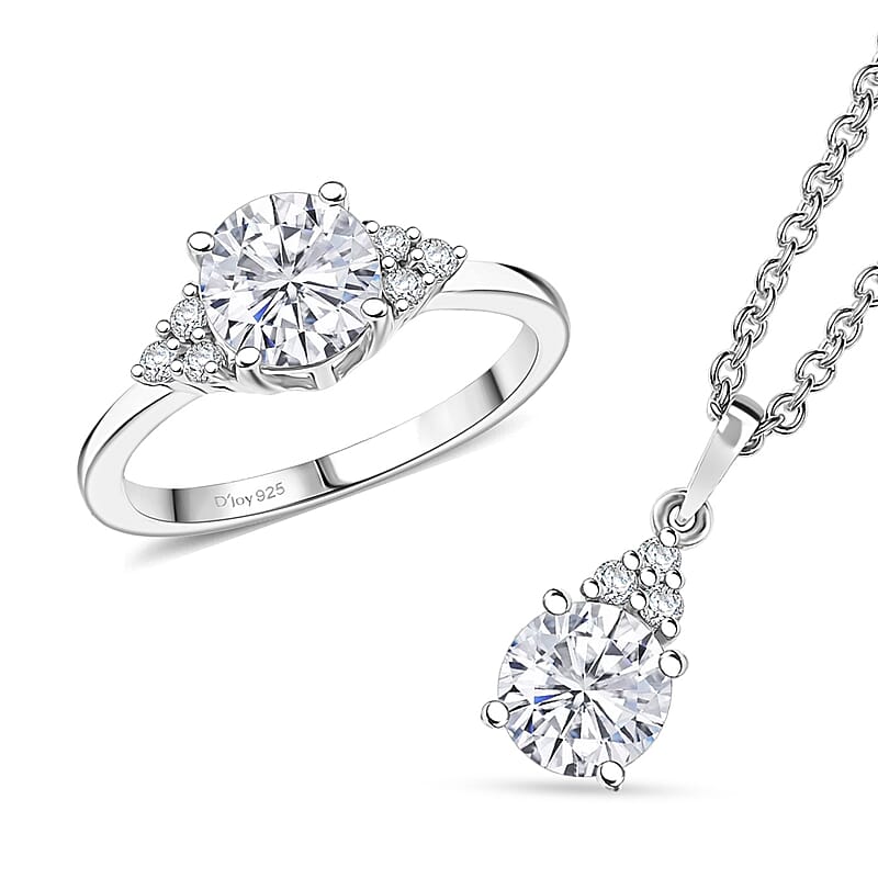 D'Joy Moissanite 2.60 ctw Classic Ring (Size 7.0) and Pendant Necklace 20 Inches in Rhodium Over Sterling Silver