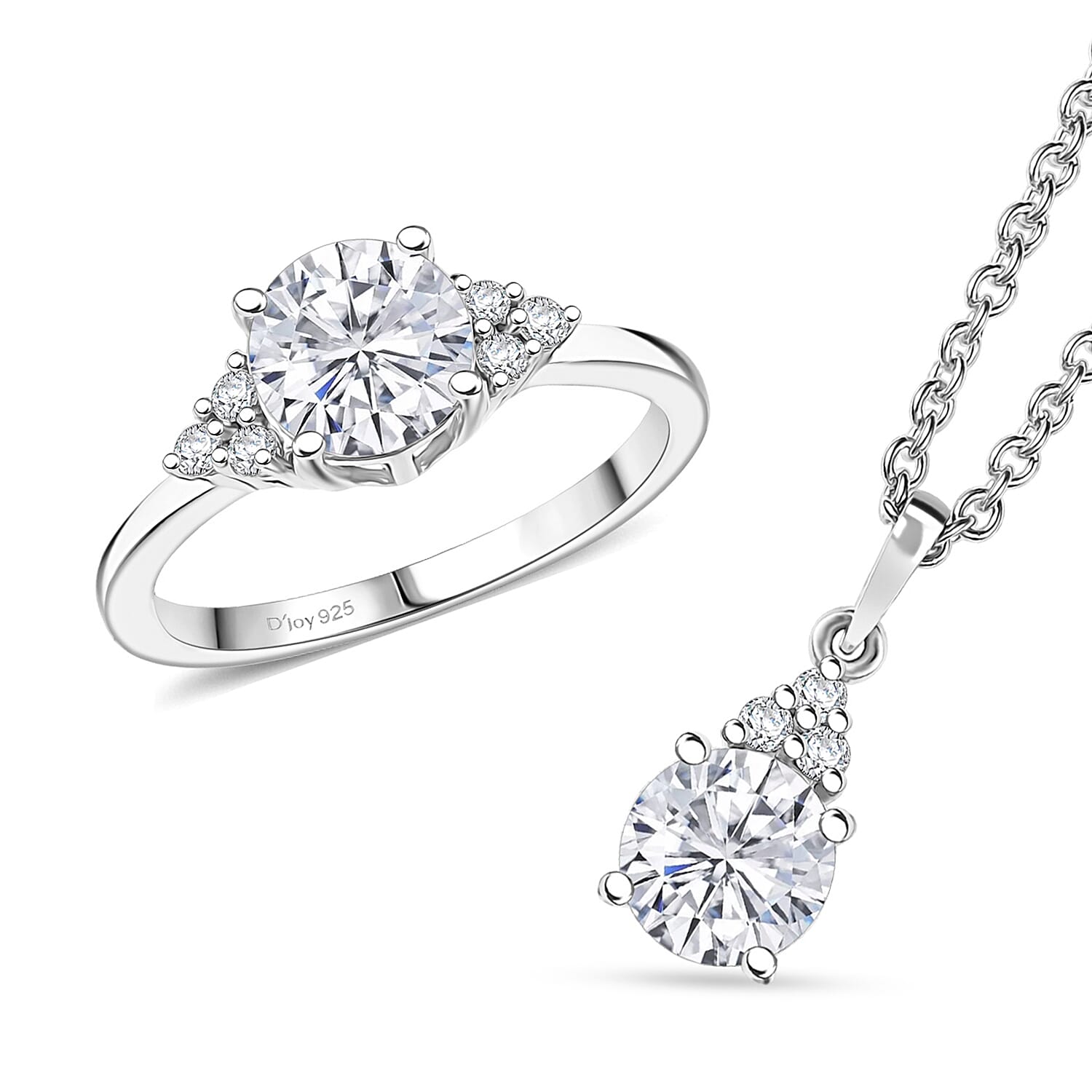 Doorbuster D'Joy Moissanite (Rnd 7mm) Ring (Size 7.0) and Pendant Necklace (20 Inches) in Rhodium Over Sterling Silver 2.75 ctw