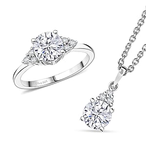 Doorbuster D'Joy Moissanite 2.75 ctw Classic Ring (Size 8.0) and Pendant Necklace in Rhodium Over Sterling Silver 20 Inches