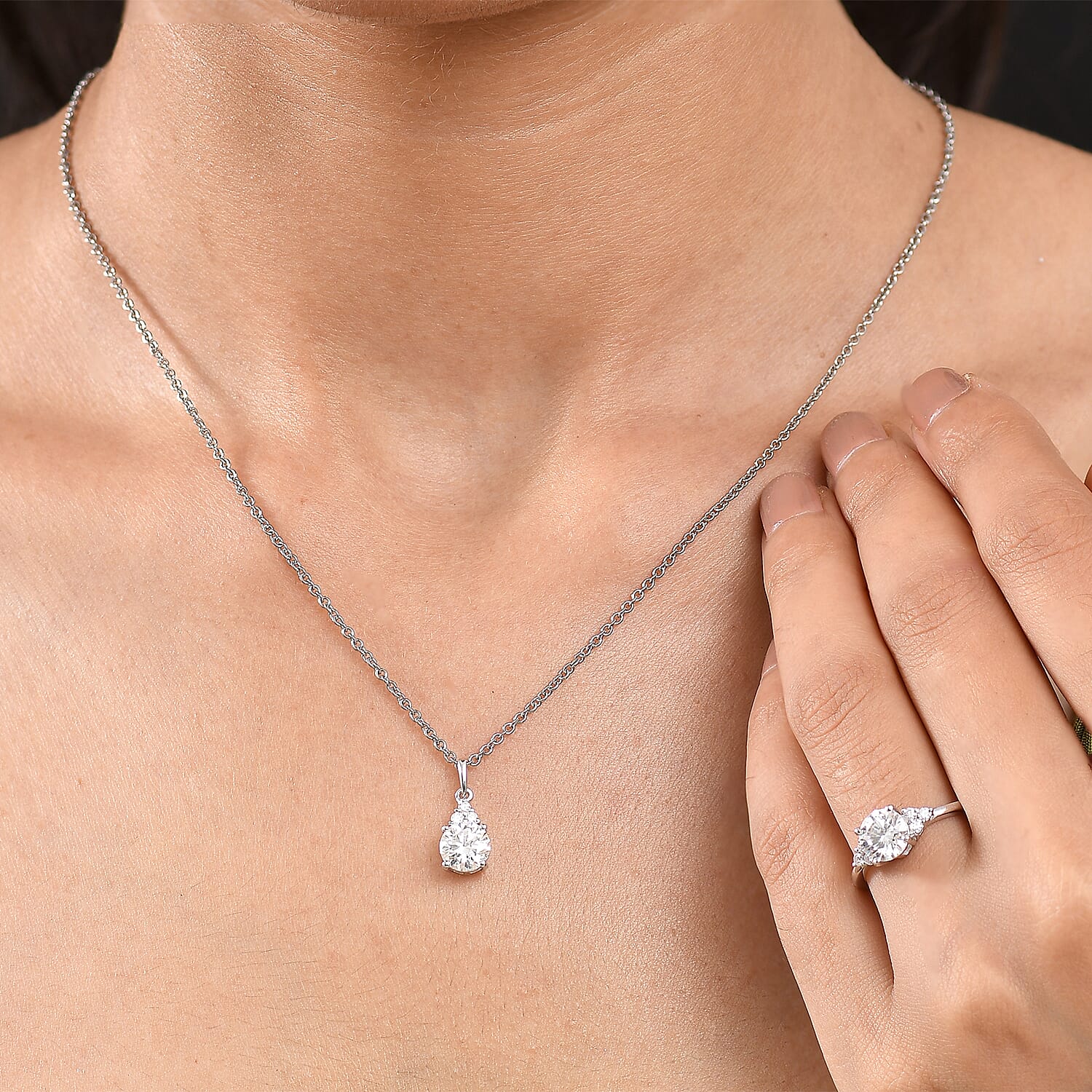 D'Joy Moissanite 2.75 ctw Classic Ring (Size 8.0) and Pendant Necklace in Rhodium Over Sterling Silver 20 Inches