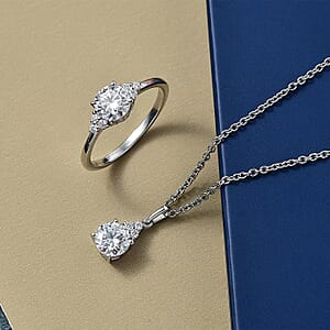  D'Joy Moissanite 2.75 ctw Classic Ring (Size 10.0) and Pendant Necklace in Rhodium Over Sterling Silver 20 Inches