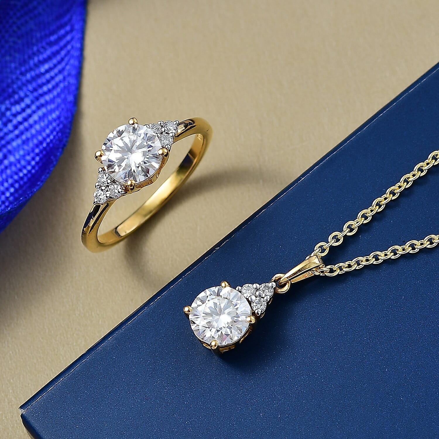  D'Joy Moissanite 2.75 ctw Classic Ring (Size 10.0) and Pendant Necklace 20 Inches in 18K Vermeil Yellow Gold Over Sterling Silver