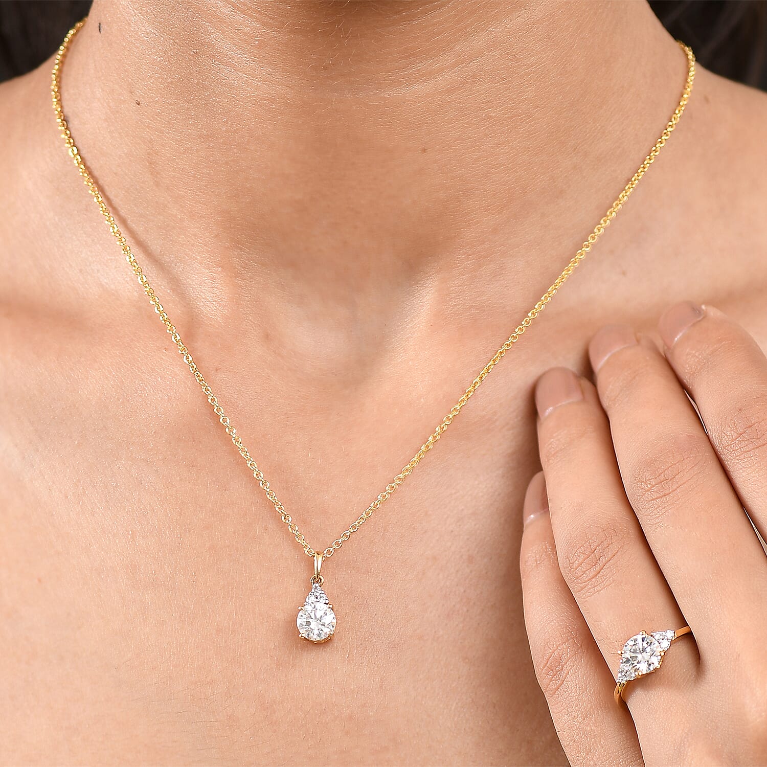  D'Joy Moissanite 2.75 ctw Classic Ring (Size 10.0) and Pendant Necklace 20 Inches in 18K Vermeil Yellow Gold Over Sterling Silver
