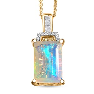 D'Joy Premium Ethiopian Welo Opal, Natural Yellow and White Diamond 2.30 ctw Art Deco Pendant Necklace in 18K Vermeil Yellow Gold Over Sterling Silver 20 Inches