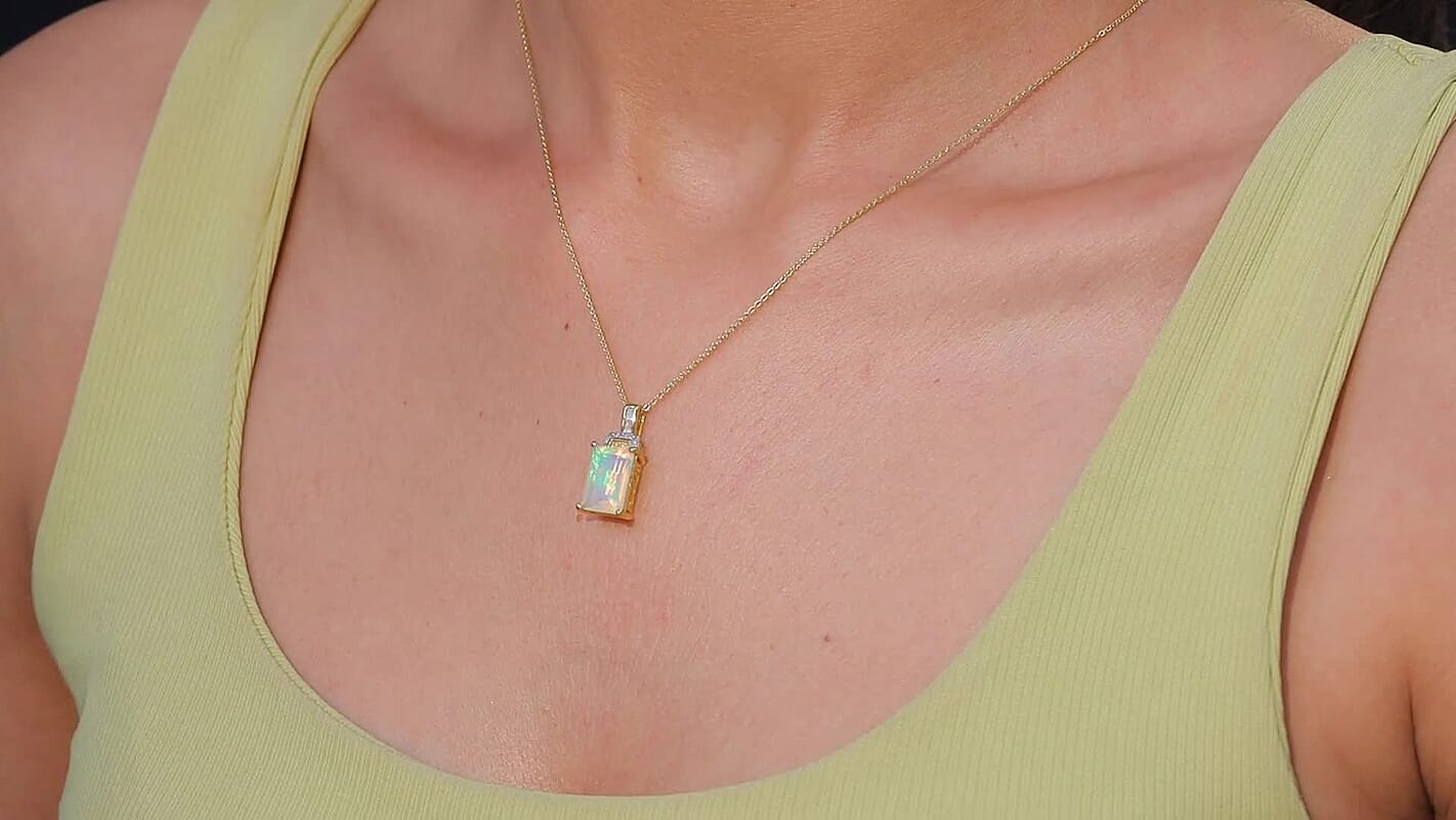 D'Joy Ethiopian Welo Opal, Natural Yellow and White Diamond Art Deco Pendant Necklace in 18K Vermeil YG Over Sterling Silver 2.30 ctw (20 Inches)