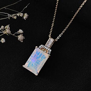 D'Joy Ethiopian Welo Opal, Natural Yellow and White Diamond Art Deco Pendant Necklace in 18K Vermeil YG Over Sterling Silver 2.30 ctw (20 Inches)