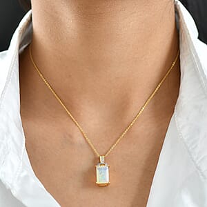 D'Joy Ethiopian Welo Opal, Natural Yellow and White Diamond Art Deco Pendant Necklace in 18K Vermeil YG Over Sterling Silver 2.30 ctw (20 Inches)